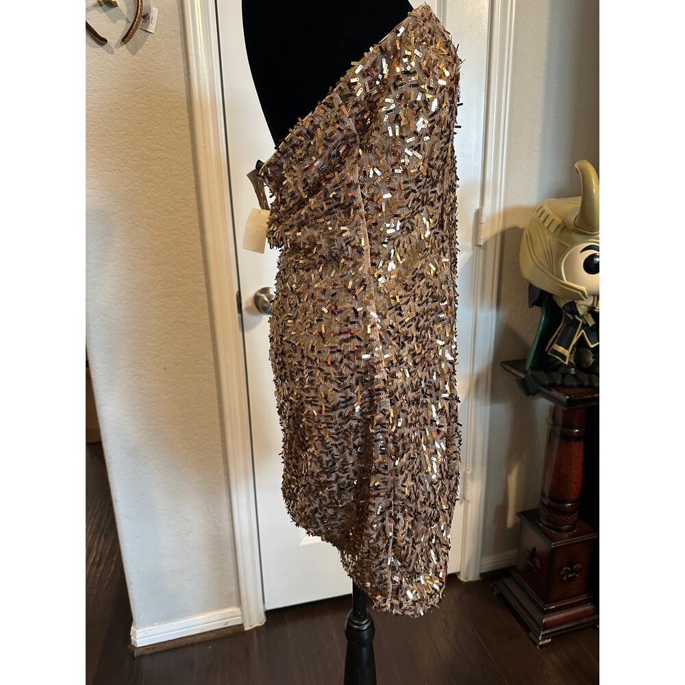 Wet Seal Gold Sequin Glam Metallic Y2K Strapless Bodycon Party Mini Dress - Picture 10 of 11